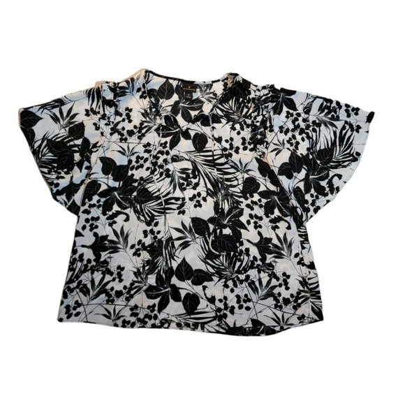 Worthington Womens Medium Black Floral Print Flutter Sleeve V Neck Blouse Top - Picture 5 of 7
